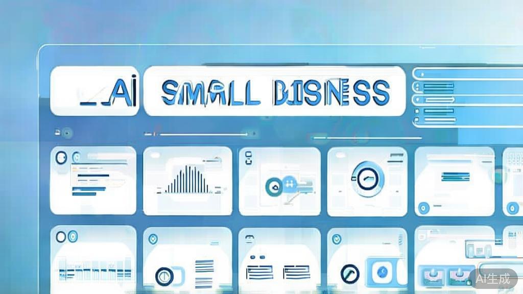Flat vector illustration of AI applications in small businesses, dashboard style, soft blue gradient