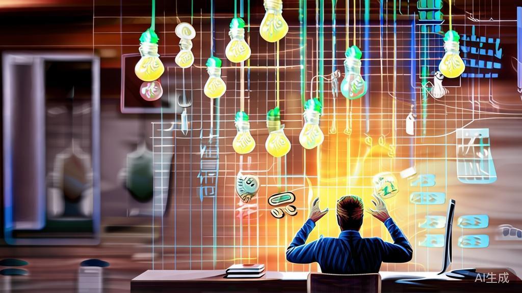 "Business illustration showing innovation in a solo entrepreneur setting, with light bulbs representing ideas and concepts flowing from a central figure"