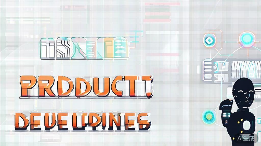 "Flat vector illustration of product development process enhanced by AI, corporate minimalism"