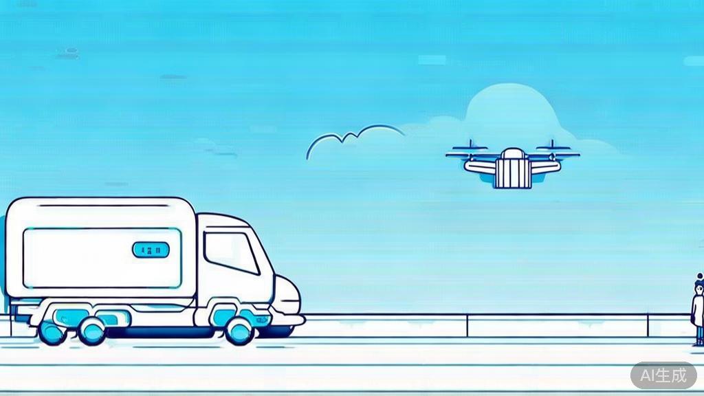 "Flat vector illustration of autonomous driving logistics, depicting a self-driving truck and drone delivering packages, minimalist style"