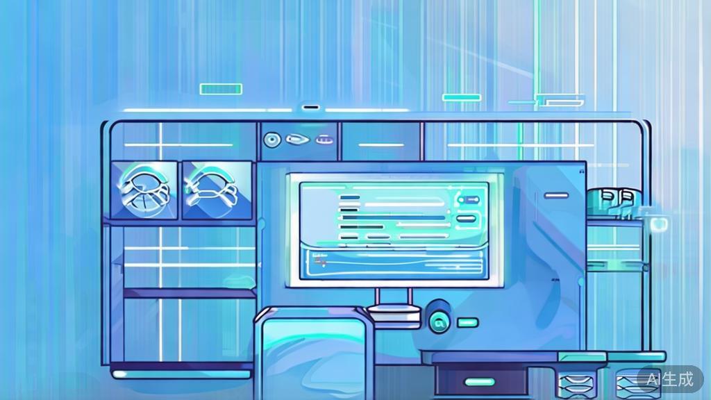 Flat vector illustration of AI assistant in a business setting, dashboard style, soft blue gradient