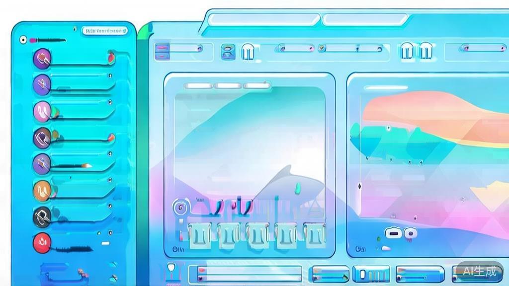 Flat vector illustration showcasing an artist's journey with AI painting tools, dashboard style, soft blue gradient