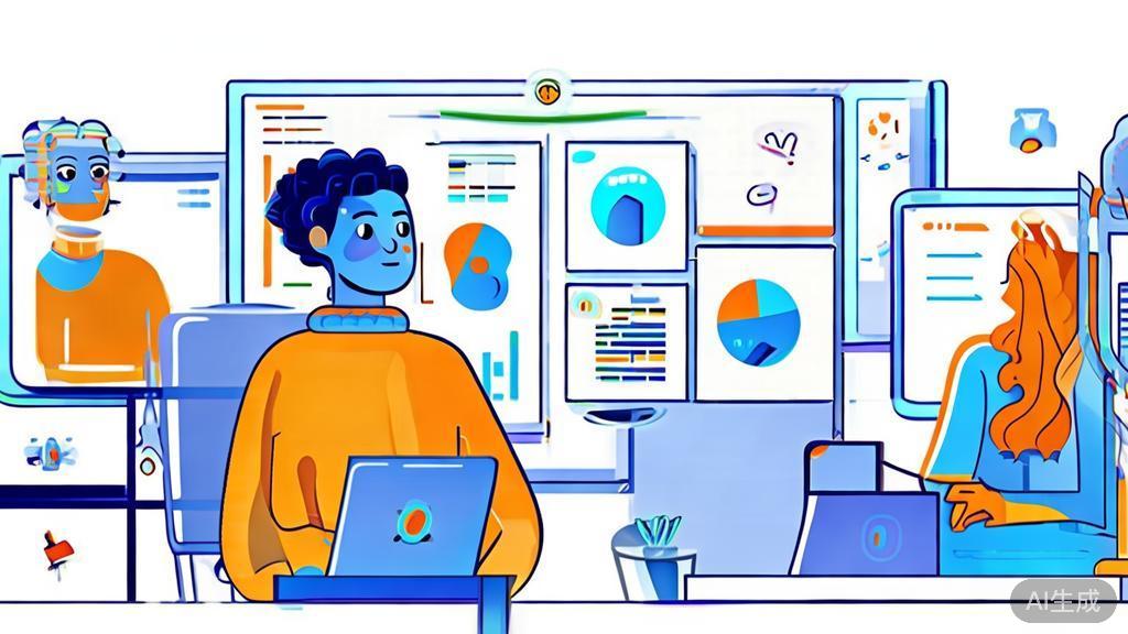 High-quality illustration of a diverse group of ordinary people starting their own businesses utilizing AI, minimal flat design