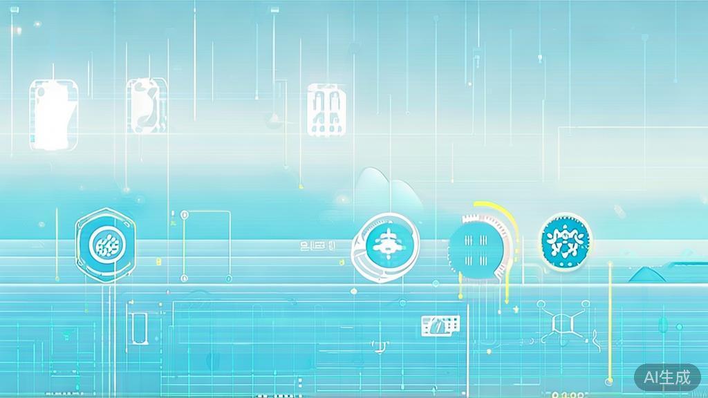 Flat vector illustration of AI technology landscape, dashboard style, soft blue gradient