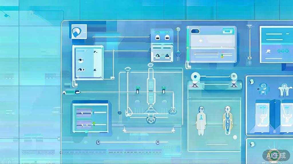 Flat vector illustration of AI in healthcare, dashboard style, soft blue gradient
