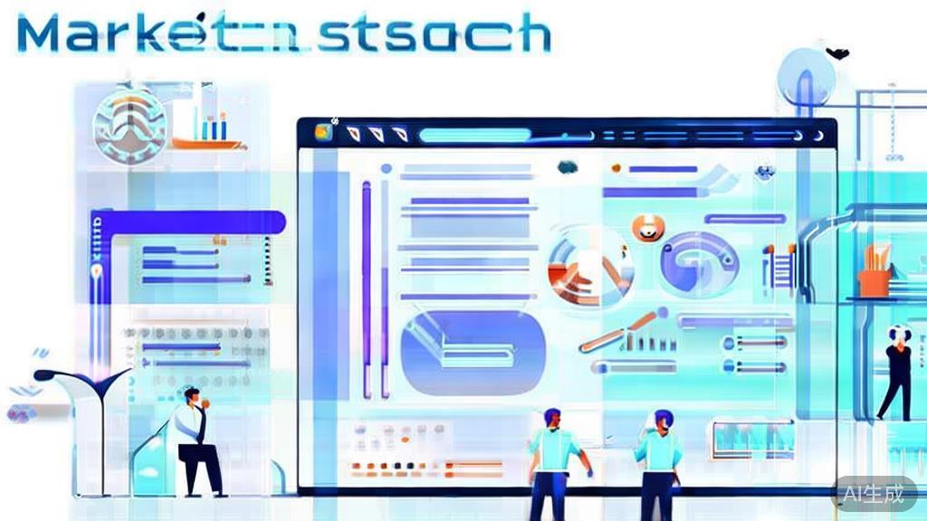 "High-quality business illustration regarding market research using AI, minimal flat design"