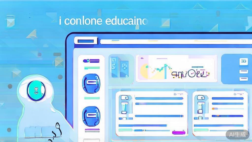 "Flat vector illustration of AI in online education, dashboard style, soft blue gradient"