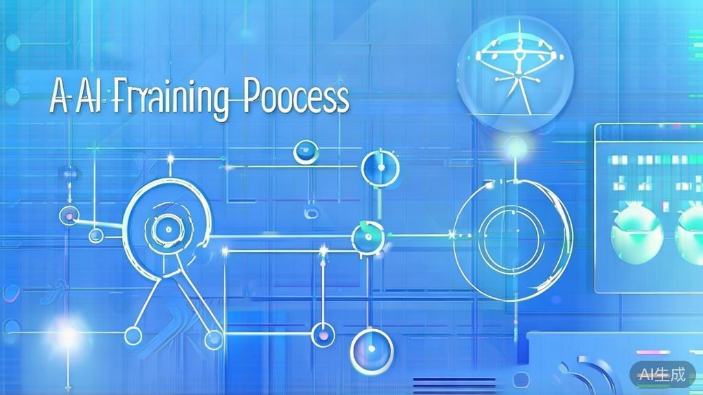 Flat vector illustration of AI training process, dashboard style, soft blue gradient