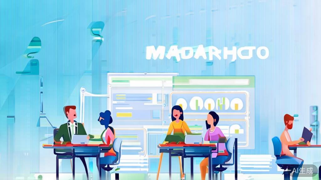 "Flat vector illustration of team training for project management tools, soft blue gradient"