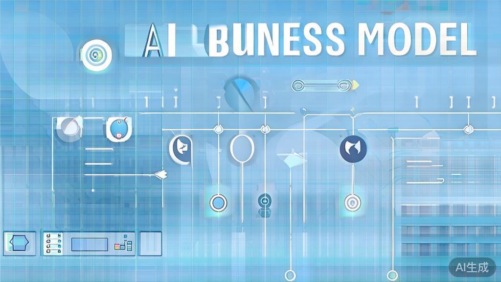 Flat vector illustration of AI business model concepts, dashboard style, soft blue gradient