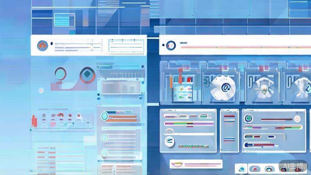 Flat vector illustration of AI technology strategies applied in businesses, dashboard style, soft blue gradient