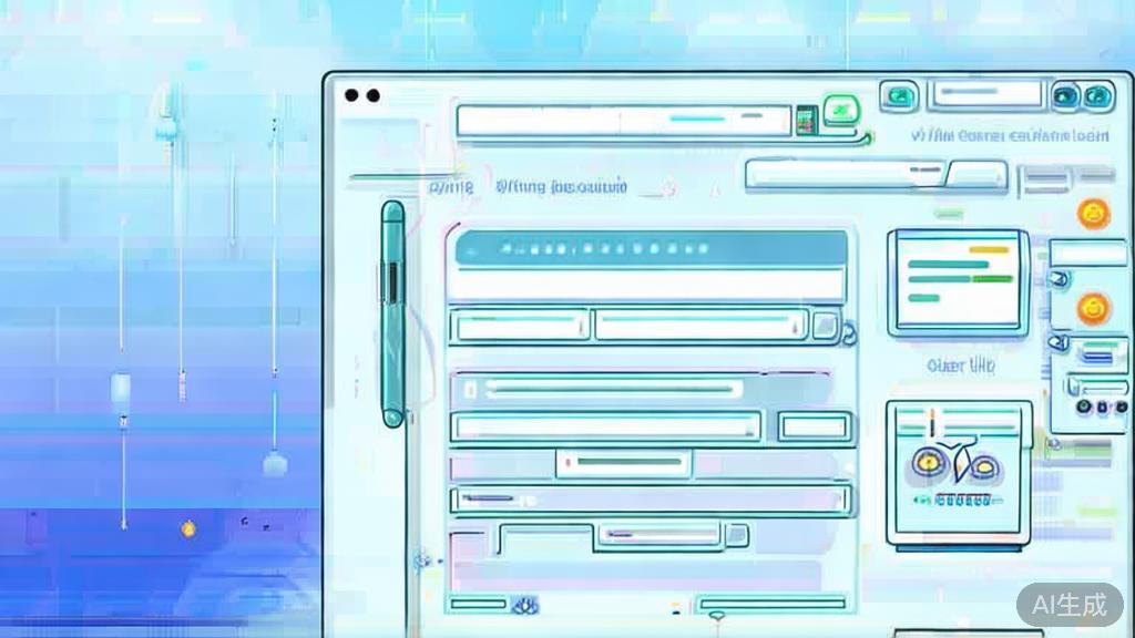 Flat vector illustration of writing process with AI tools, dashboard style, soft blue gradient