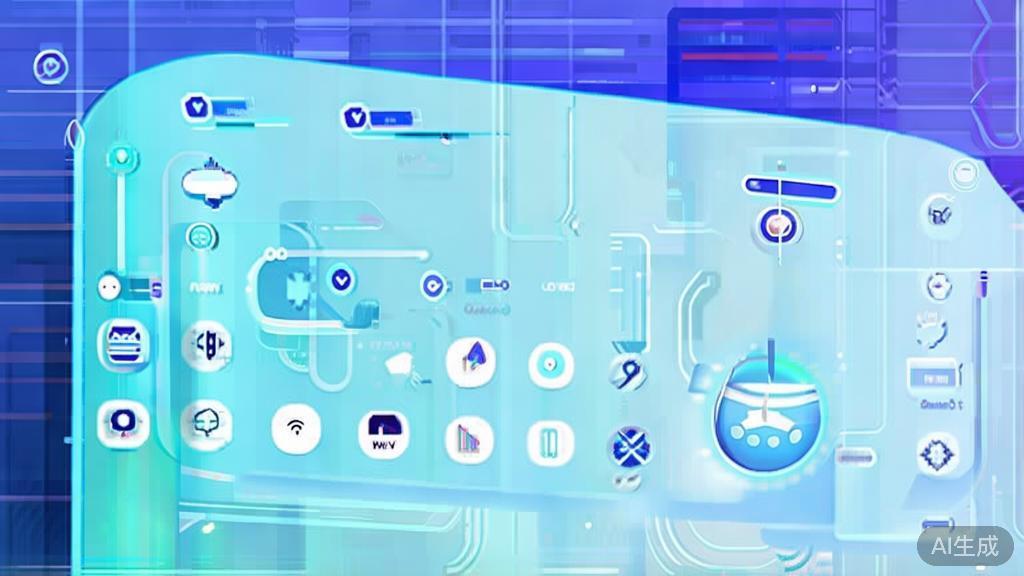Flat vector illustration of AI assistant functionality, dashboard style, soft blue gradient
