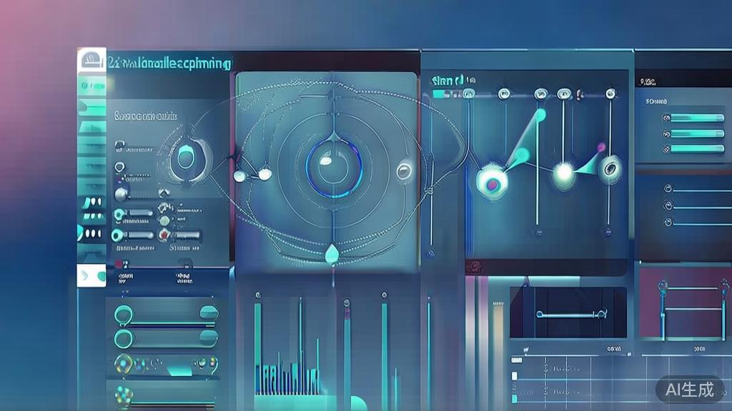 Flat vector illustration of machine learning concepts, dashboard style, soft blue gradient