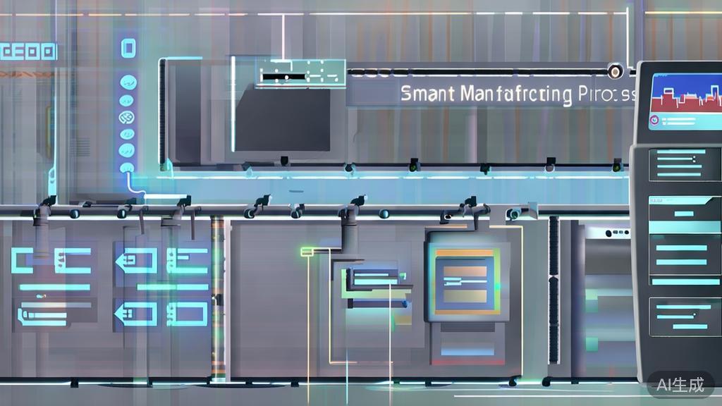 High-quality business illustration of smart manufacturing process with AI integration, minimal flat design
