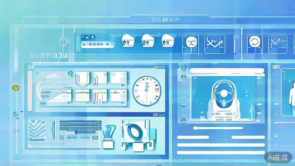 Flat vector illustration of AI in healthcare, dashboard style, soft blue gradient