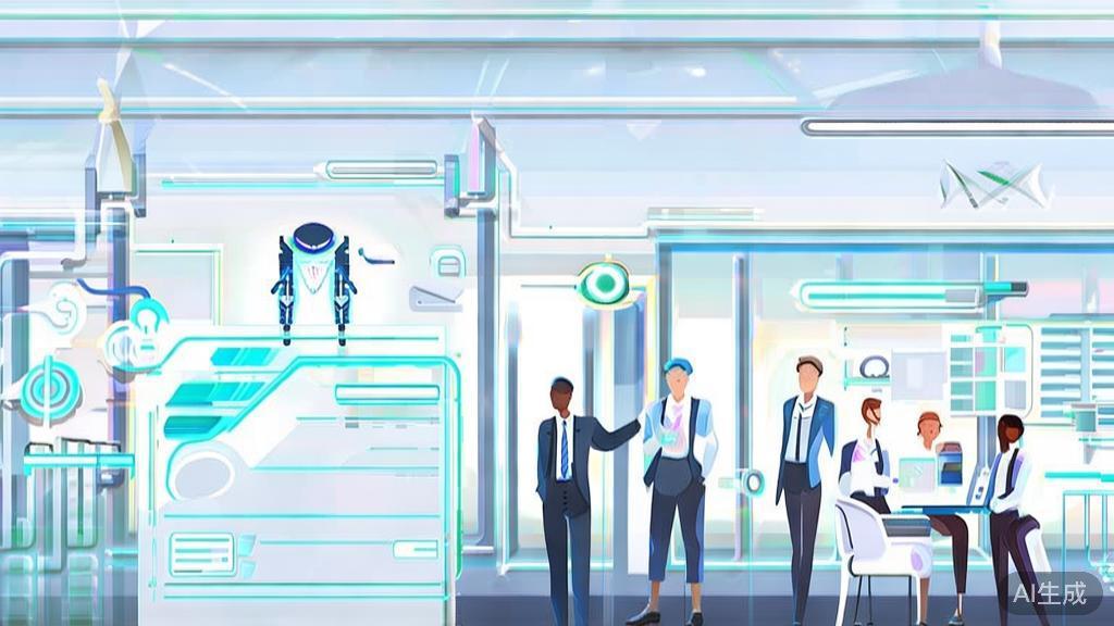 High-quality business illustration regarding future of work with AI, minimal flat design
