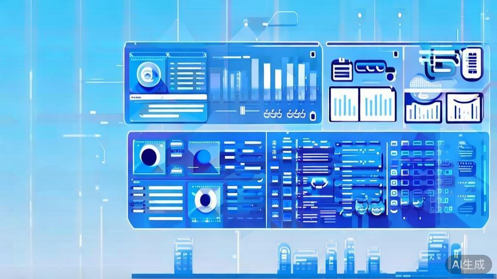 Flat vector illustration of data-driven decision making using AI tools, dashboard style, soft blue gradient