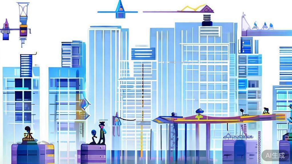 "Flat vector illustration depicting a construction project managed by AI, showing teamwork and efficiency, soft blue gradient"
