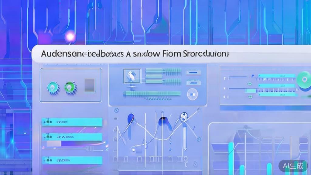 Flat vector illustration of audience feedback process in AI short film production, dashboard style with soft blue gradient