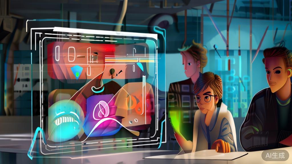 High-quality business illustration of creative brainstorming with AI technology for animation scripts, minimal flat design