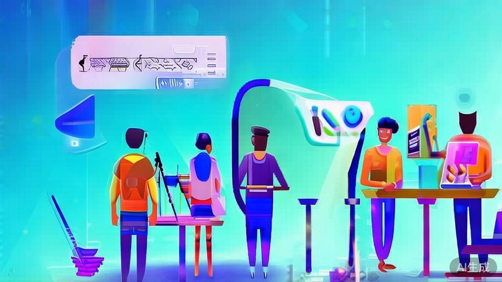 Illustration of a collaborative design process in animation with AI assistance, featuring diverse team members, soft blue gradient