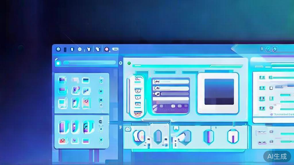 "Flat vector illustration of AI tools in post-production for microfilm, dashboard style, soft blue gradient"