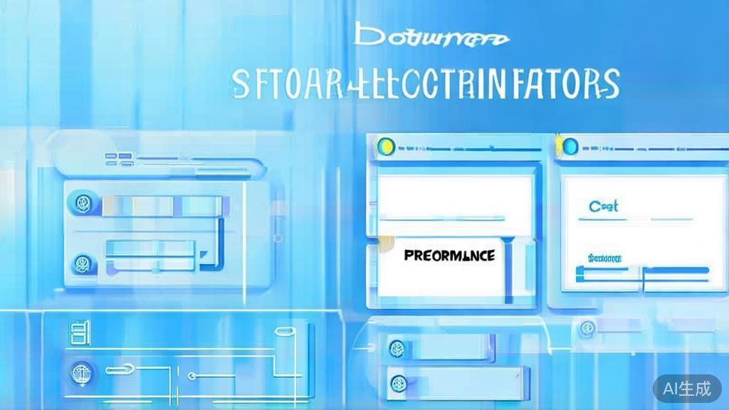 Flat vector illustration of software selection factors, dashboard style, soft blue gradient