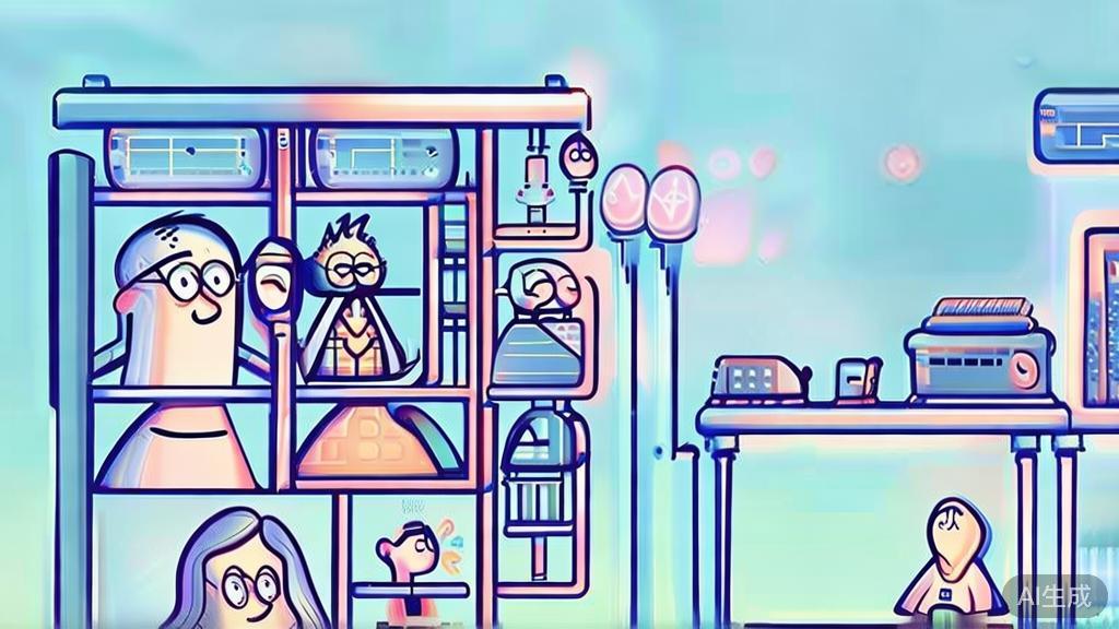 Flat vector illustration showcasing a group of characters in a hilarious short drama setup, dashboard style, soft blue gradient