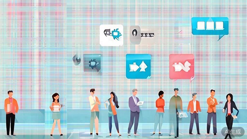 "High-quality business illustration showing social media influence, interactions, soft blue background"