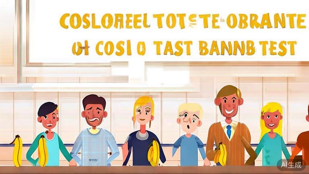 "Flat vector illustration of consumers trying different banana brands, showcasing their reactions and tasting experiences, high quality"