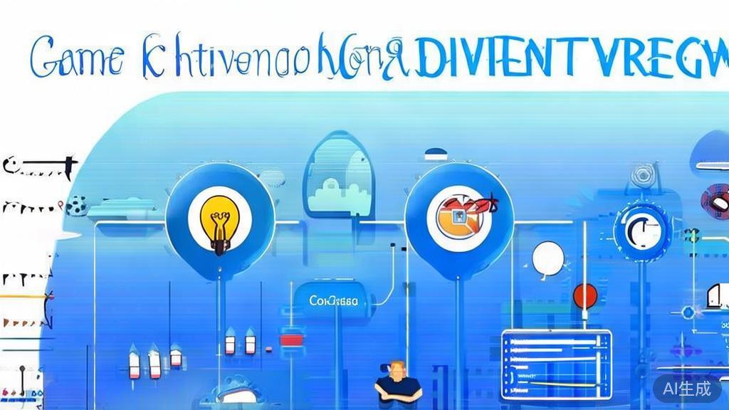 Flat vector illustration of game development workflow, dashboard style, soft blue gradient