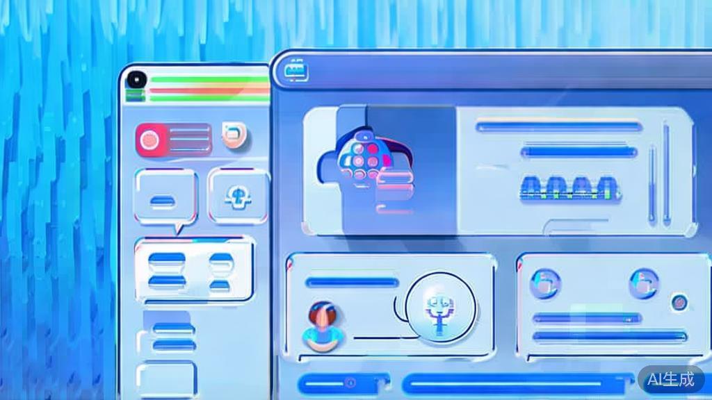 Flat vector illustration of user interaction with AI, dashboard style, soft blue gradient