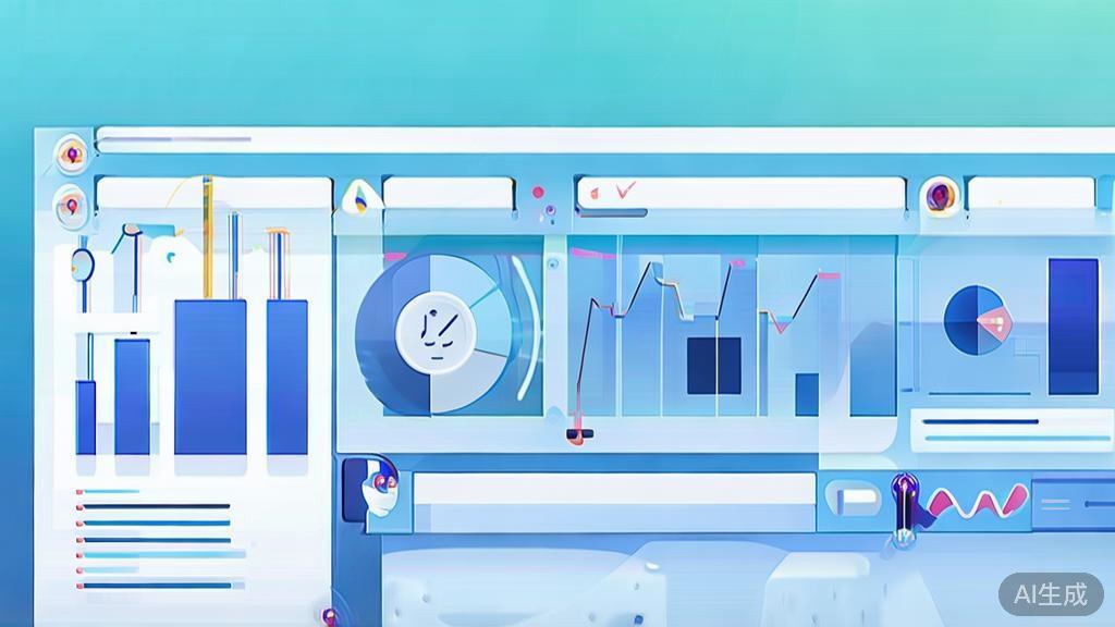 Flat vector illustration of data analysis with AI assistance, dashboard style, soft blue gradient