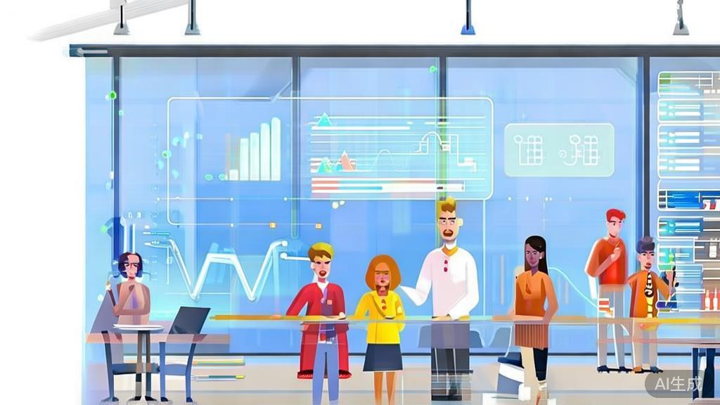 High-quality illustration of improving work efficiency using AI tools, minimal flat design