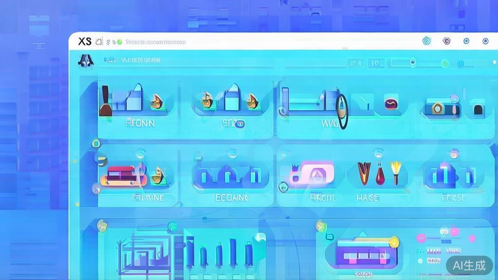 Flat vector illustration of choosing AI art tools, dashboard style, soft blue gradient