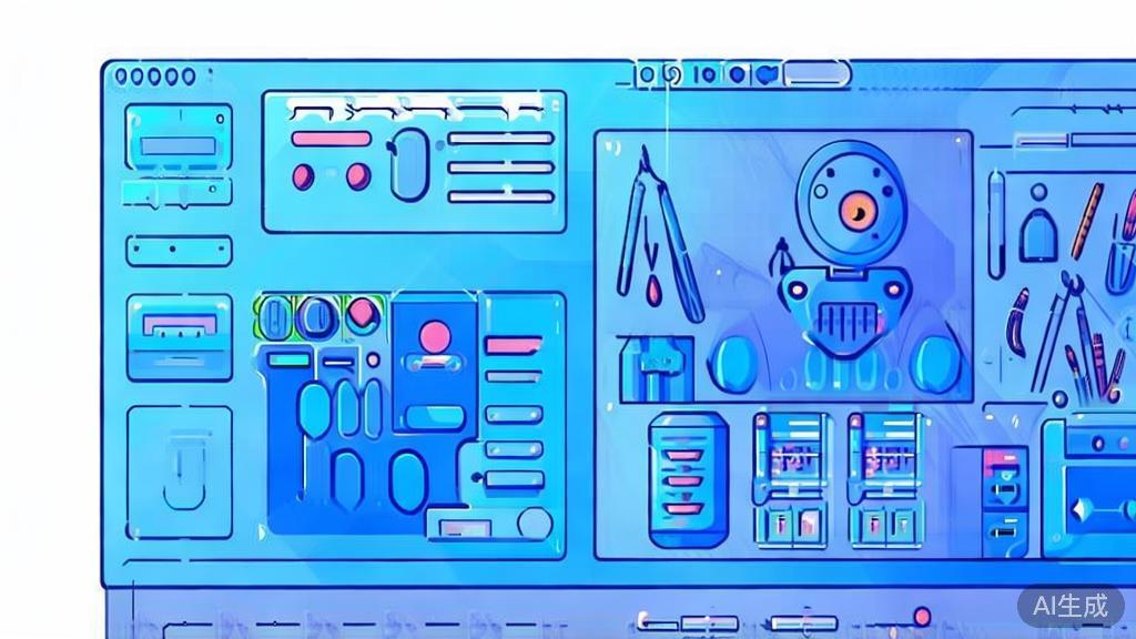"Flat vector illustration of collaboration between AI technology and human artists, dashboard style, soft blue gradient"