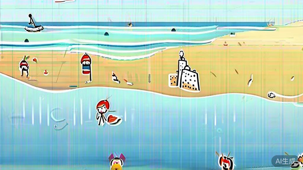 Flat vector illustration of a beach scene with children playing in the sand, dashboard style, soft blue gradient