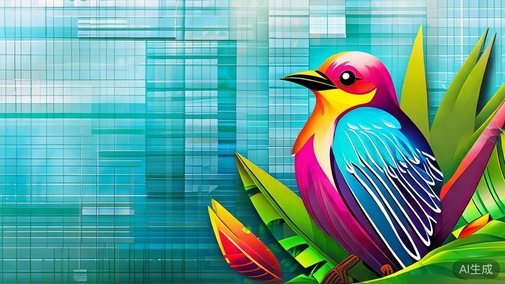 Flat vector illustration of tropical bird in a rainforest, dashboard style, soft blue gradient