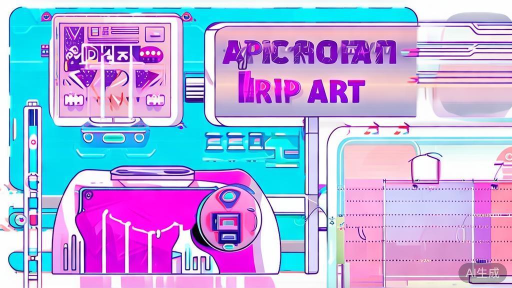 "Illustration of AI art applications across different industries like advertising, gaming, and therapy, minimal flat design"