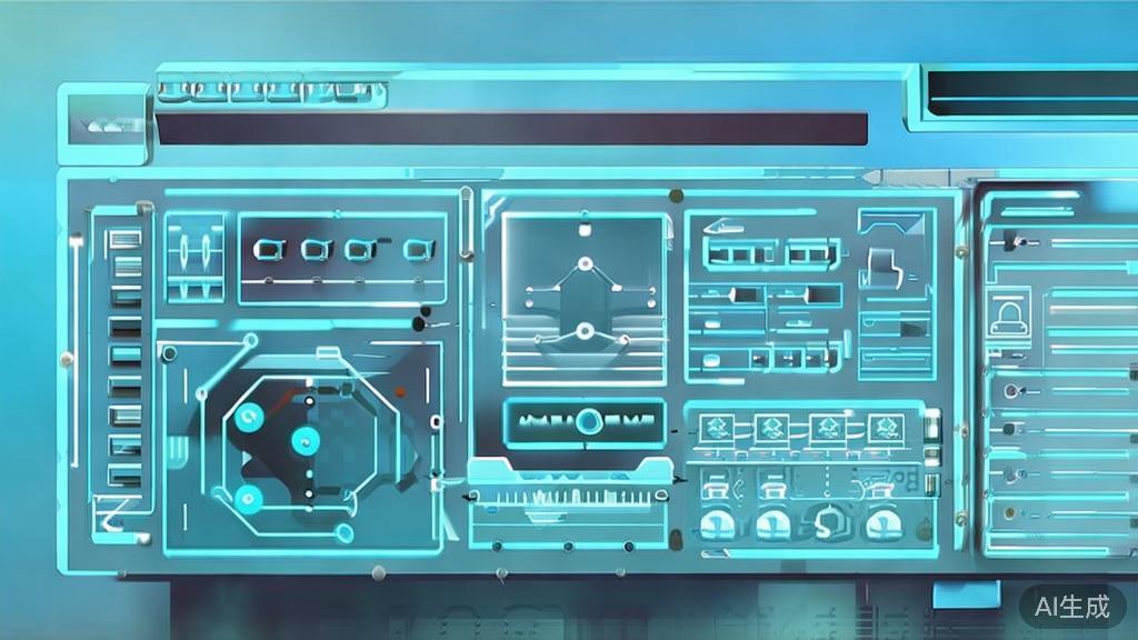 "Flat vector illustration of future AI architecture, dashboard style, soft blue gradient"
