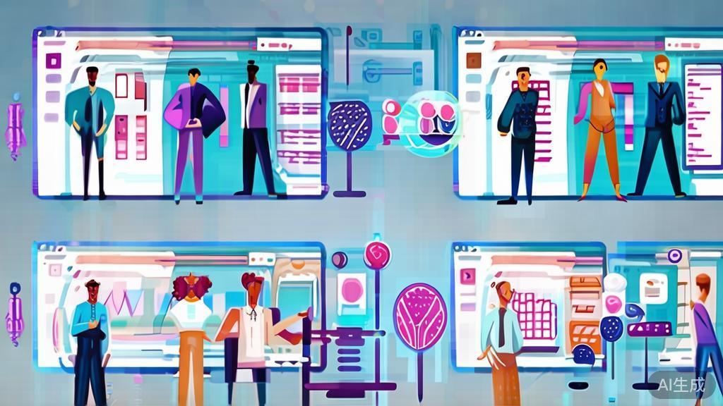 High-quality business illustration on teamwork and AI tools, minimal flat design