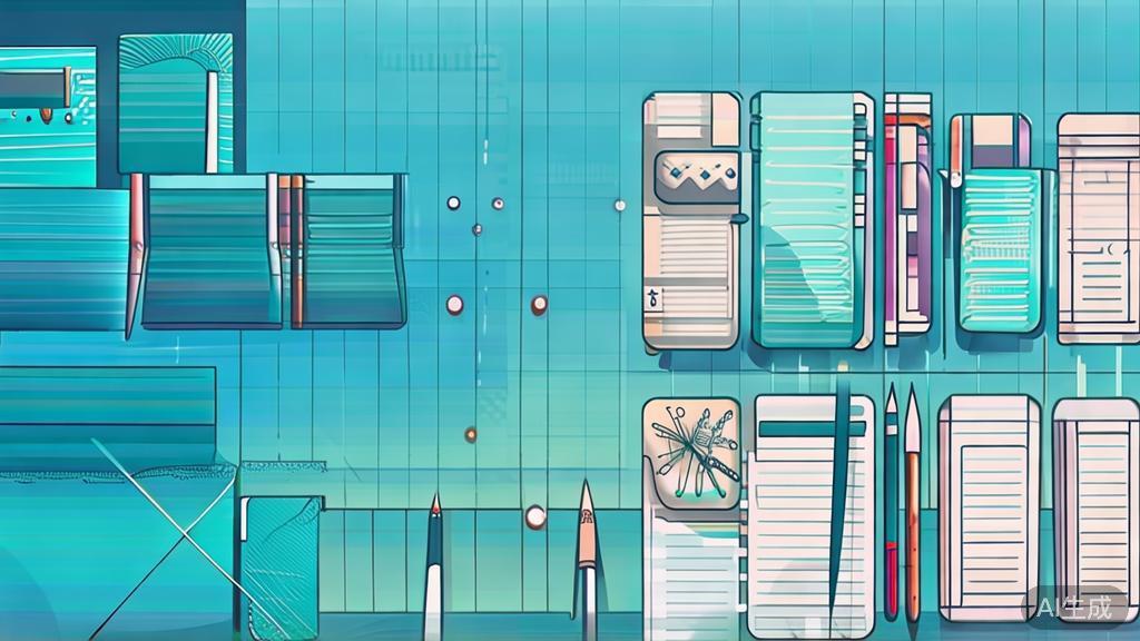 "Flat vector illustration of traditional writing tools like notebooks and pens, dashboard style, soft blue gradient"