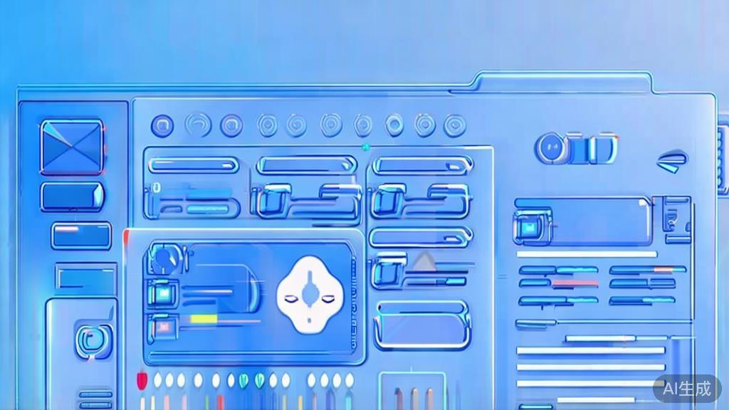 Flat vector illustration of AI writing tool integration with multimedia, dashboard style, soft blue gradient