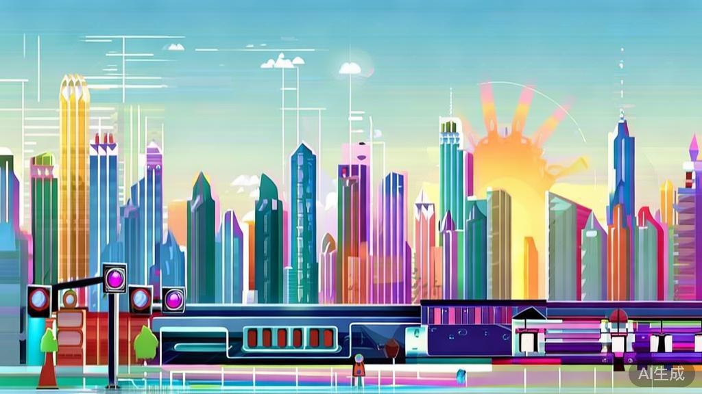 Flat vector illustration of urban landscape with vibrant colors and specific elements, dashboard style, soft blue gradient