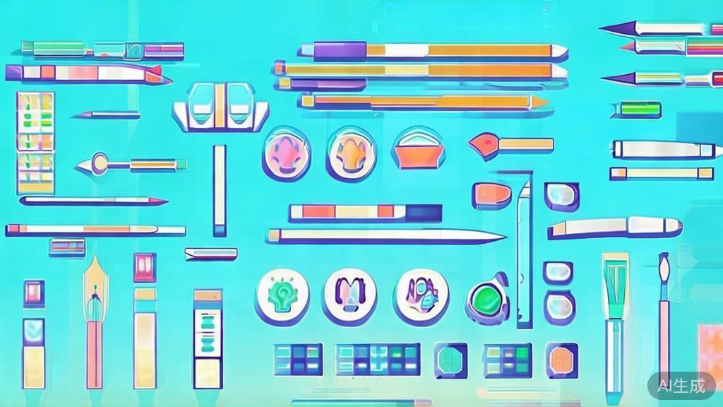 Flat vector illustration of different AI drawing tools, dashboard style, soft blue gradient