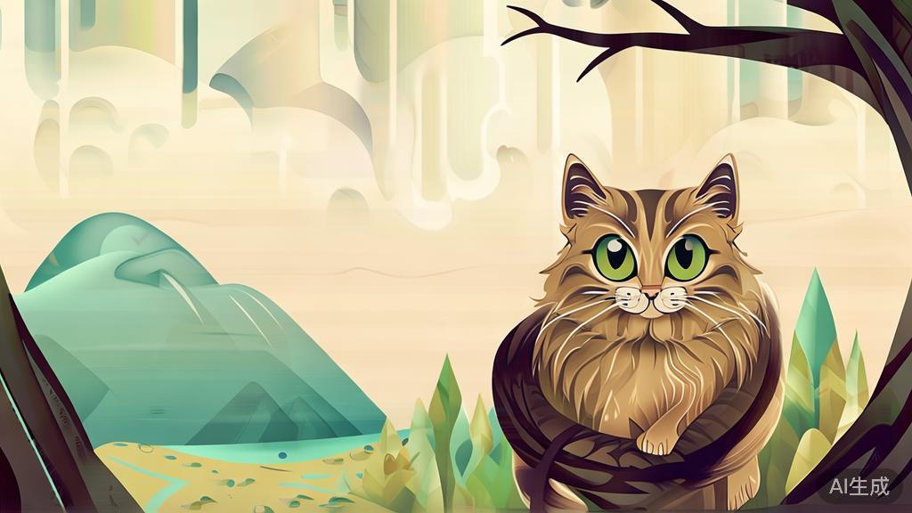 High-quality illustration of a cat on a tree in a storytelling context, minimal flat design