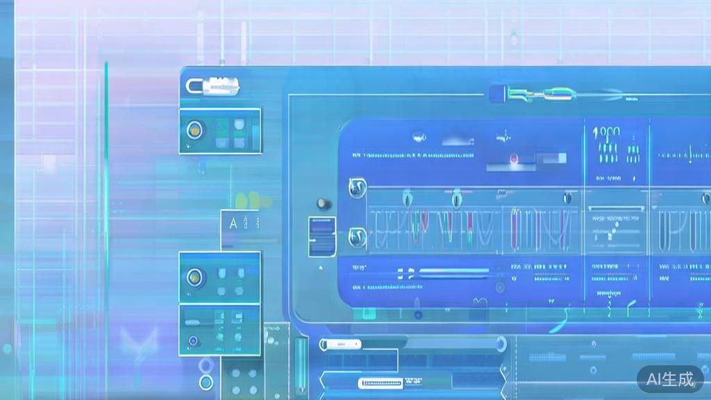 Flat vector illustration of AI image generation, dashboard style, soft blue gradient