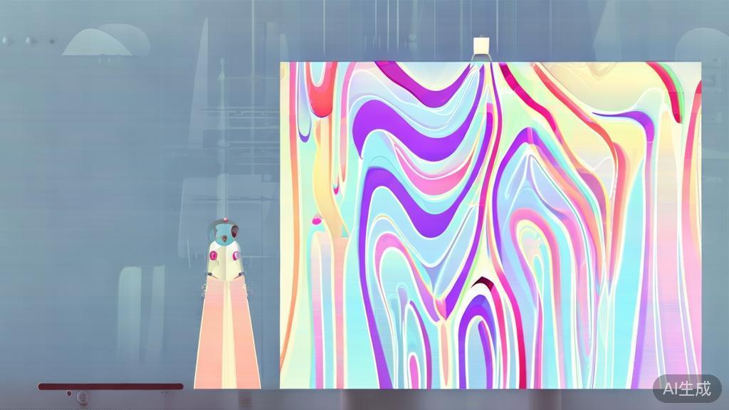 Flat vector illustration showing the integration of AI painting in contemporary art, minimal flat design