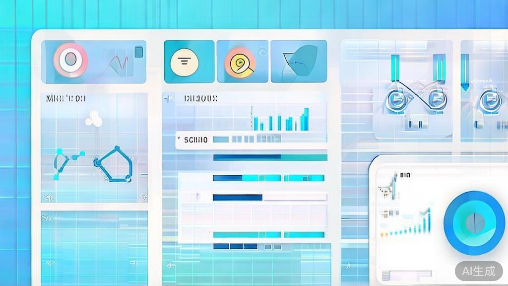 Flat vector illustration of business applications of AI-generated images, dashboard style, soft blue gradient